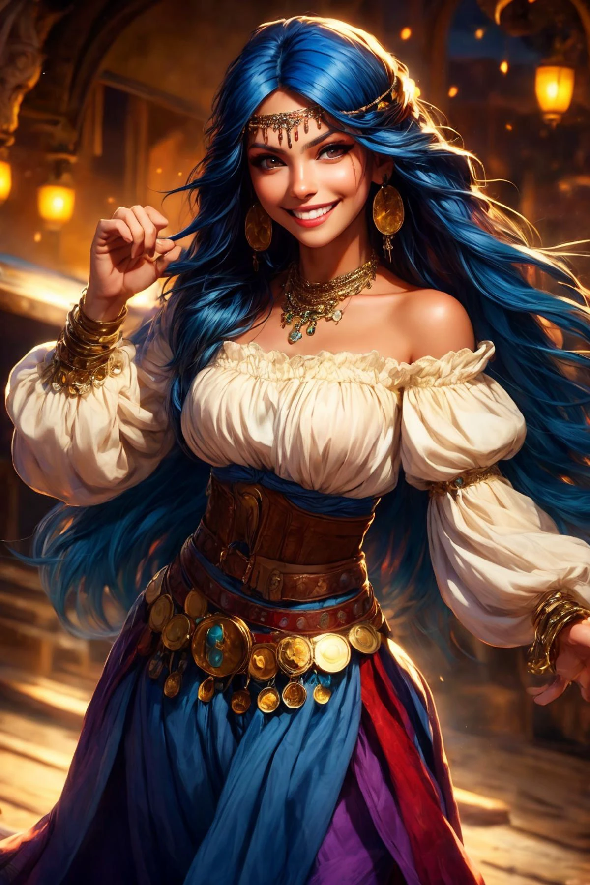 looking at viewer, smile, <lora:Gypsy:1> gypsy, best quality, masterpiece, <lora:more_details:0.7>, 1girl, solo, standing, fighting stance, blue hair, long hair, brown eyes