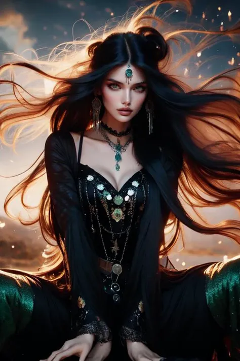 (otherworldly), highly insanely detailed, masterpiece, top quality, best quality, highres, 4k, 8k, RAW photo, (very aesthetic, beautiful and aesthetic),
1girl,
a beautiful female gypsy, jewelry, wearing intricate clothes, shawl, dancing around a fire in the darkness, <lora:Gypsy:1>,
medium hair ,black hair, white hair, bright blue-green hair , ,long and straight hair, slicked-back hair hair, messy bun hair, fringe haircut hair ,metal hair,Blowing hair in the strong wind,messy hair ,vortex hair,
(black eyes),
dark background,
(flower, falling petals, petals on liquid, petals, cherry blossom:0.8),
squatting cowgirl position,crouching,squatting, (fantasy world)âââ