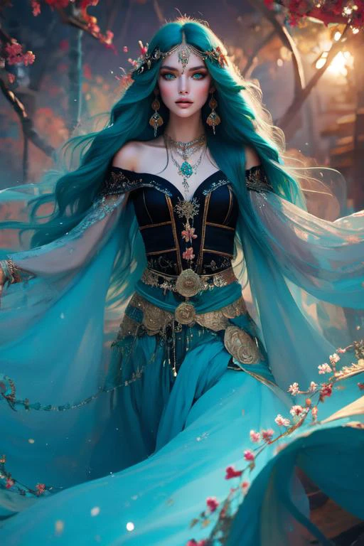 (otherworldly), highly insanely detailed, masterpiece, top quality, best quality, highres, 4k, 8k, RAW photo, (very aesthetic, beautiful and aesthetic),
1girl,
a beautiful female gypsy, jewelry, wearing intricate clothes, shawl, dancing around a fire in the darkness, <lora:Gypsy:1>,
very long hair ,blue hair , ,
(turquoise eyes,bright blue-green eyes) ,empty eyes ,
dark background,
(flower, falling petals, petals on liquid, petals, cherry blossom:0.8),
lifted by self, dress lift, from below, (fantasy world)âââ