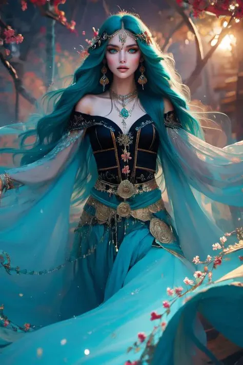 (otherworldly), highly insanely detailed, masterpiece, top quality, best quality, highres, 4k, 8k, RAW photo, (very aesthetic, beautiful and aesthetic),  
1girl, 
a beautiful female gypsy, jewelry, wearing intricate clothes, shawl, dancing around a fire in the darkness, <lora:Gypsy:1>, 
very long hair ,blue hair ,  , 
(turquoise eyes,bright blue-green eyes)     ,empty eyes , 
dark background, 
(flower, falling petals, petals on liquid, petals, cherry blossom:0.8), 
lifted by self, dress lift, from below, (fantasy world)âââ