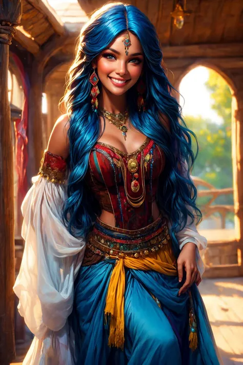 looking at viewer, smile,  <lora:Gypsy:1> gypsy, best quality, masterpiece, <lora:more_details:0.7>, 1girl, solo, standing, Feminine pose, blue hair, long hair, brown eyes