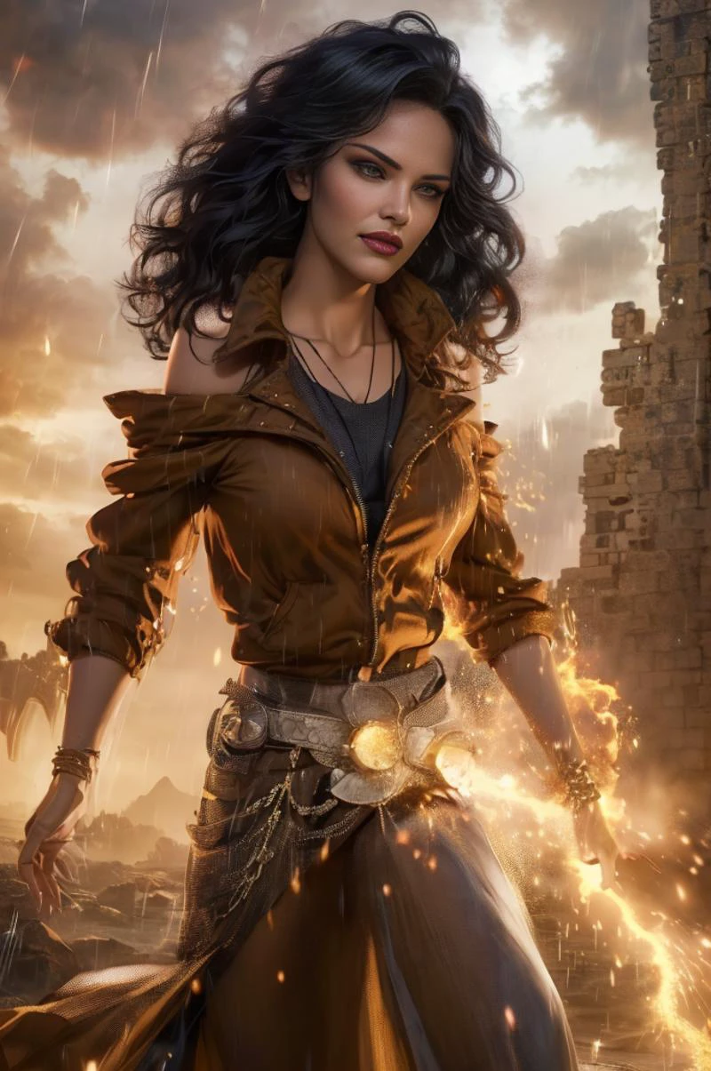 realistic analog photo, award winning photo,
<lora:CARTOON_Gargoyles_Elisa_ownwaifu:0.8> Jacket_Gargoyles_Elisa_ownwaifu, 1girl, long hair, black hair, dark skin, collarbone, makeup, lipstick, brown eyes,
<lora:Gypsy:0.75> gypsy, intricate pendant necklace, bodychains with dangling tiny coins, wearing shoulder cloth, wearing loose fitted laced shirt, long riffeled skirt,
<lora:locon_conceptlightning_v1_from_v1_64_32:1> lghtnngprsn, lightning, storm <lora:FantasyRuins:0.75> fanru, fantasy, stone castle, dark,
RAW, highres, 8k, uhd, High Dynamic Range, tonemapping, crisp details,