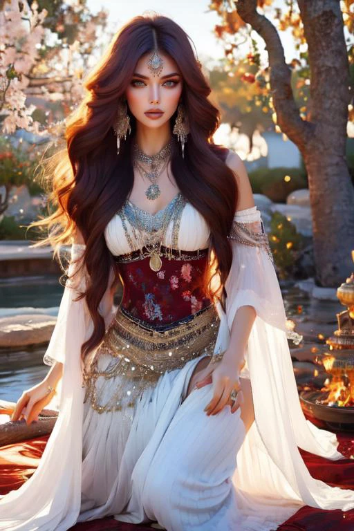 (otherworldly), highly insanely detailed, masterpiece, top quality, best quality, highres, 4k, 8k, RAW photo, (very aesthetic, beautiful and aesthetic),
1girl,
a beautiful female gypsy, jewelry, wearing intricate clothes, shawl, dancing around a fire in the darkness, <lora:Gypsy:1>,
medium hair ,red hair ,split-color hair, dual-toned hair, two-tone hair,gradient hair ,asymmetrical haircut hair, updo hairstyle hair, long layers hair, feathered haircut hair ,
(deep blue eyes) ,
white background,
(flower, falling petals, petals on liquid, petals, cherry blossom:0.8),
(posing with her hands on her hips in an Asian squat position in front of a modern and dynamic background. She exudes confidence and sex appeal, with her daring fashion choices leaving little to the imagination), (fantasy world)âââ