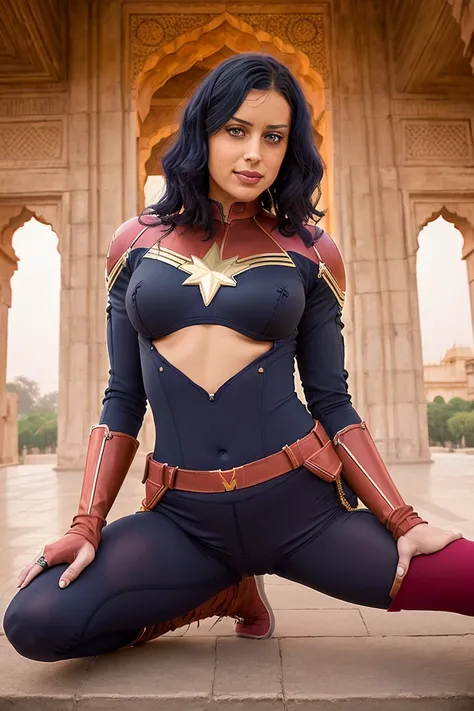 (best quality:1.13),(masterpiece:1.12),(photorealistic:1.13), (ClaudiaFerrariQuiron woman) as cosplay  Captain Marvel (Marvel Comics): Captain Marvel's suit embodies power and strength. It features a red, blue, and gold color scheme. The suit is form-fitting and covers her entire body, emphasizing her athletic build. The chest area showcases a gold star emblem, symbolizing her cosmic powers. The suit includes long sleeves and high-cut legs, and Captain Marvel wears red boots that reach her calves. She also wears red gloves that extend to her forearms. Her flowing, blonde hair often accompanies the suit, framing her determined and confident expression., analog style, modelshoot style, Photo of sexy , abs, medium breasts, (muscle legs:1.2), wearing yoga pants, (cameltoe:1.3), happy , smiling,,
The Taj Mahal, India: A testament to love, the Taj Mahal is an architectural masterpiece located in Agra, India. This ivory-white marble mausoleum was built by Emperor Shah Jahan in memory of his wife. Its intricate design, exquisite craftsmanship, and serene reflection in the surrounding pools create a mesmerizing experience for visitors.,
Candlelit Dinner: The warm and intimate glow of candles in a dimly lit room creates a romantic atmosphere, providing opportunities for capturing intimate moments and still life compositions., ,  Leaning on one leg pose, photo by Olivier Rousteing,
<lora:quiron_ClaudiaFerrari:1>, <lora:epiNoiseoffset_v2:0.5>