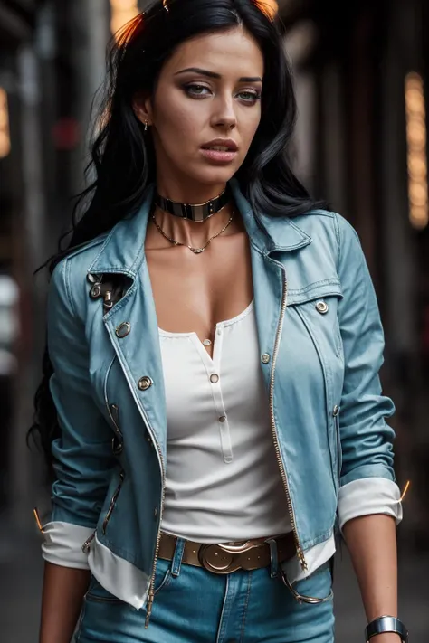 <lora:quiron_ClaudiaFerrari_v2_lora:0.87> (look at viewer), (film grain), (warm hue, warm tone), ((close up)), cinematic light, side lighting, Dappled Light, best shadow, face photo, close shot, ClaudiaFerrariQuiron woman, (highly detailed face), hdr, (((cyborg arm)), ((cyberpunk style))), realistic, best quality, high resolution sharp, masterpiece, photo of a woman wearing denim jacket, striped shirt, and white sneakers, high-neck blouses with delicate lace or embroidery,