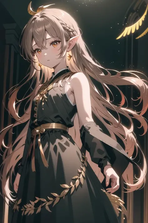 masterpiece, 1boy, solo, long hair, looking at viewer, bangs, light brown hair, bare shoulders, jewelry, two-colored eyes, earrings, wings, pointy ears, nail polish, blurry, black dress, bracelet, eyelashes, floating hair, depth of field, bridal gauntlets, backlighting, yellow theme, transparent wings, <lora:ShenTafeiV2:0.8>