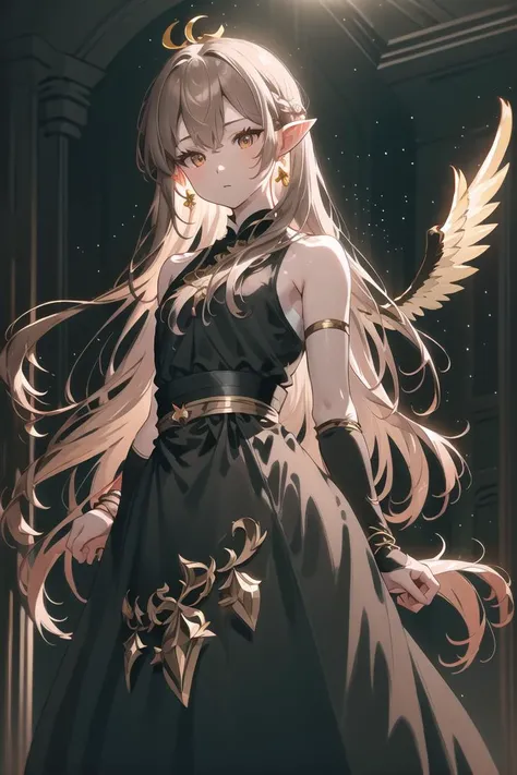 masterpiece, 1boy, solo, long hair, looking at viewer, bangs, light brown hair, bare shoulders, jewelry, two-colored eyes, earrings, wings, pointy ears, nail polish, blurry, black dress, bracelet, eyelashes, floating hair, depth of field, bridal gauntlets, backlighting, yellow theme, transparent wings, <lora:ShenTafeiV2:0.8>