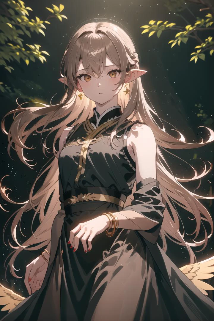 masterpiece, 1boy, solo, long hair, looking at viewer, bangs, light brown hair, bare shoulders, jewelry, two-colored eyes, earrings, wings, pointy ears, nail polish, blurry, black dress, bracelet, eyelashes, floating hair, depth of field, bridal gauntlets, backlighting, yellow theme, transparent wings, <lora:ShenTafeiV2:0.8>