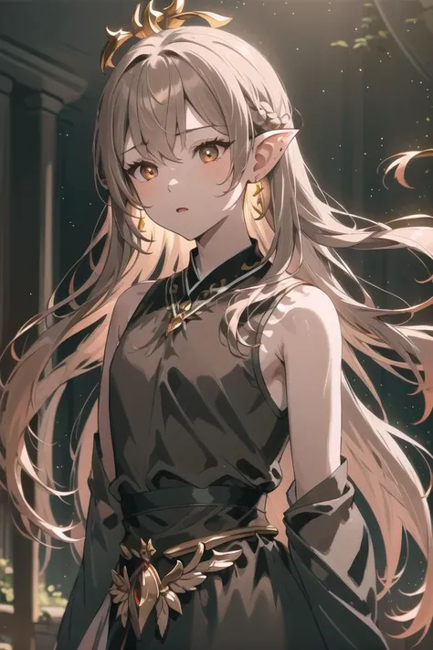 masterpiece, 1boy, solo, long hair, looking at viewer, bangs, light brown hair, bare shoulders, jewelry, two-colored eyes, earrings, wings, pointy ears, nail polish, blurry, black dress, bracelet, eyelashes, floating hair, depth of field, bridal gauntlets, backlighting, yellow theme, transparent wings, <lora:ShenTafeiV2:0.8>