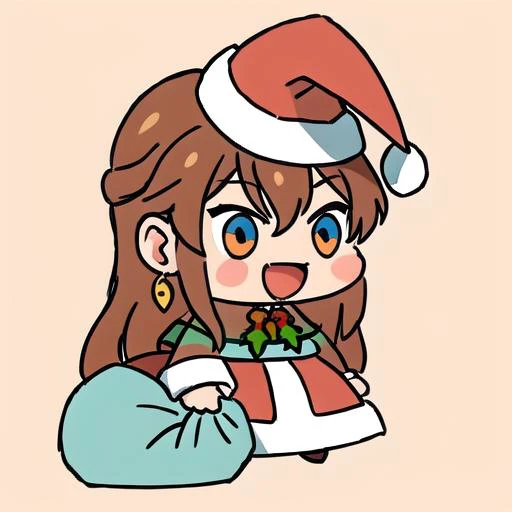 Highly detailed, High Quality, Masterpiece, beautiful, <lora:PadoruMeme:0.8> PadoruMeme, 1boy, sack, holding sack, :d, santa, santa hat, <lora:ShenTafei:0.8>, long hair, ligth brown hair, blue and ginger eyes