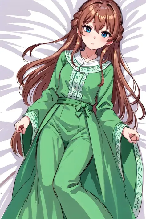 (Highest picture quality), (Master's work), (ultra-detailed), (Detailed eye description:1.2), masterpiece, best quality, 1girl,    <lora:Dakimakura:1>, dakimakura, on back, on bed, full body,  green clothes,  <lora:ShenTafei:0.8> ligth brown hair, long hair, two-colored eyes, ginger and blue eyes