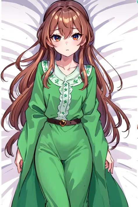 (Highest picture quality), (Master's work), (ultra-detailed), (Detailed eye description:1.2), masterpiece, best quality, 1girl,    <lora:Dakimakura:1>, dakimakura, on back, on bed, full body,  green clothes,  <lora:ShenTafei:0.8> ligth brown hair, long hair, two-colored eyes, ginger and blue eyes