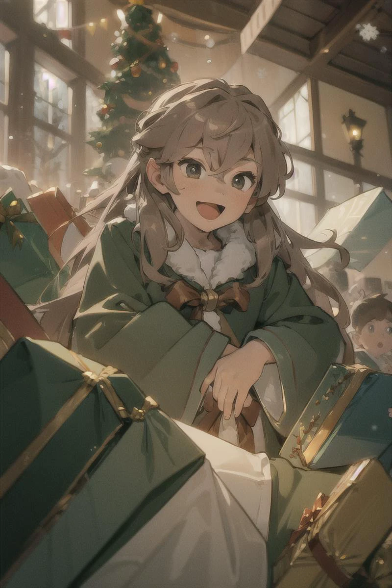 masterpiece, ( 1boy:1.5), solo, long hair, looking at viewer, light brown hair, long hair, christmas tree, santa clothes, christmas outfit, illumination, snow, wrapped gifts, celebration atmosphere, :D, <lora:ShenTafei:0.8>