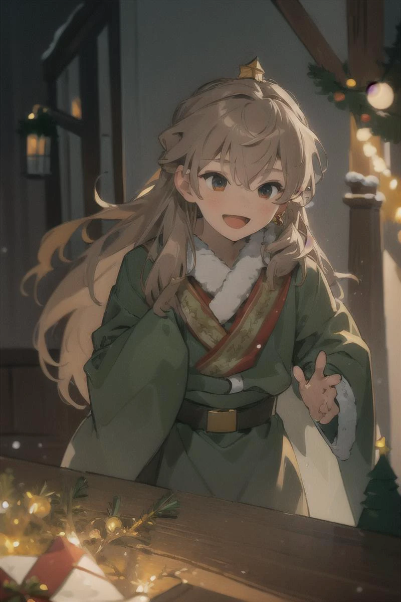 masterpiece, ( 1boy:1.5), solo, long hair, looking at viewer, light brown hair, long hair, christmas tree, santa clothes, christmas outfit, illumination, snow, wrapped gifts, celebration atmosphere, :D, <lora:ShenTafei:0.8>