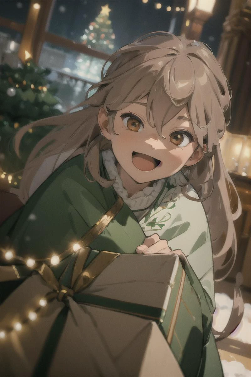 masterpiece, ( 1boy:1.5), solo, long hair, looking at viewer, light brown hair, long hair, christmas tree, santa clothes, christmas outfit, illumination, snow, wrapped gifts, celebration atmosphere, :D, <lora:ShenTafei:0.8>