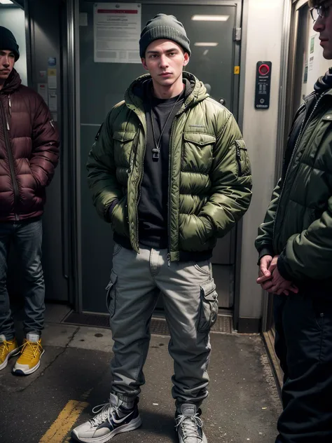 (photo realistic:1.5), wide angle, long shot, (1male:1.5), suburban chav, scally, proll, smirk, olive green puffer jacket, sweatpants, sneakers, bulging crotch, base cap, (hands in pockets:1.5), heavy necklace, wristwatch, standing inside a train, nighttime, blurry background
(extremely intricate:1.2), (exquisitely detailed skin), dim yellowish lighting, dark soft colors, mystery, atmospheric, ultra high res, 8k uhd, intricate details, best face, best eyes, best hands, best quality, delicate, detailed face, detailed eyes, masterpiece, film grain
<lora:muscle_slider_v1:-1> <lora:add_detail:0.75> <lora:GoodHands-vanilla:0.8> <lora:hardvpl:0.6> vpl