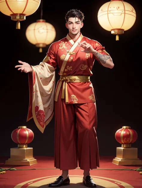 looking at viewer, Amidst the Chinese New Year festivities of the Dragon, a (handsome young man:1.1)( dons traditional attire:1.5). His clothing reveals chiseled muscles and tattoos, with a red shirt featuring golden dragon embroidery and snug, red trousers adorned with fireworks motifs. Completing the look are golden shoes.
he stands against a backdrop of gleaming red and gold lanterns on a stage filled with music and firecrackers. The man's tattoos, depicting dragons and Chinese symbols, underscore his cultural connection. With a radiant smile, he extends blessings for the year ahead, encapsulating the spirit of joy and community celebration. His masculine, youthful, and tender features exude warmth and charm, adding to the festive atmosphere of the occasion,
<lora:GoodHands-beta2:0.8>, dynamic pose,
<lora:hardvpl:0.8> vpl, bulge,, masterpiece, 4k, high quality, highres, absurdres,