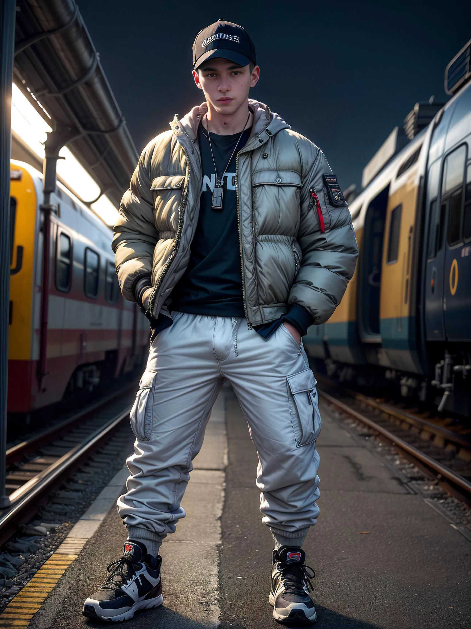 (photo realistic:1.5), wide angle, long shot, (young male:1.5), suburban chav, scally, proll, smirk, white puffer jacket, sweatpants, sneakers, bulging crotch, base cap, (hands in pockets:1.5), heavy necklace, wristwatch, railway platform, nighttime, trains, blurry background
(extremely intricate:1.2), (exquisitely detailed skin), dim yellowish lighting, dark soft colors, mystery, atmospheric, ultra high res, 8k uhd, intricate details, best face, best eyes, best hands, best quality, delicate, detailed face, detailed eyes, masterpiece, film grain
<lora:muscle_slider_v1:-1> <lora:add_detail:0.75> <lora:GoodHands-vanilla:0.8> <lora:hardvpl:0.5> vpl