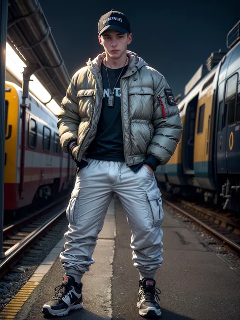 (photo realistic:1.5), wide angle, long shot, (young male:1.5), suburban chav, scally, proll, smirk, white puffer jacket, sweatpants, sneakers, bulging crotch, base cap, (hands in pockets:1.5), heavy necklace, wristwatch, railway platform, nighttime, trains, blurry background
(extremely intricate:1.2), (exquisitely detailed skin), dim yellowish lighting, dark soft colors, mystery, atmospheric, ultra high res, 8k uhd, intricate details, best face, best eyes, best hands, best quality, delicate, detailed face, detailed eyes, masterpiece, film grain
<lora:muscle_slider_v1:-1> <lora:add_detail:0.75> <lora:GoodHands-vanilla:0.8> <lora:hardvpl:0.5> vpl