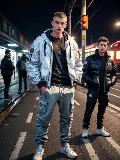 (photo realistic:1.5), wide angle, long shot, (young male:1.5), suburban chav, scally, proll, smirk, white bomber jacket, sweatpants, sneakers, bulging crotch, base cap, (hands in pockets:1.5), heavy necklace, wristwatch, railway platform, nighttime, trains, blurry background
(extremely intricate:1.2), (exquisitely detailed skin), dim yellowish lighting, dark soft colors, mystery, atmospheric, ultra high res, 8k uhd, intricate details, best face, best eyes, best hands, best quality, delicate, detailed face, detailed eyes, masterpiece, film grain
<lora:muscle_slider_v1:-1> <lora:add_detail:0.75> <lora:GoodHands-vanilla:0.8> <lora:hardvpl:0.5> vpl