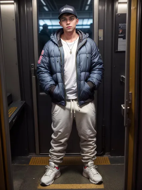 (photo realistic:1.5), wide angle, long shot, (1male:1.5), suburban chav, scally, proll, smirk, white puffer jacket, sweatpants, sneakers, bulging crotch, base cap, (hands in pockets:1.5), heavy necklace, wristwatch, standing inside a train, nighttime, blurry background
(extremely intricate:1.2), (exquisitely detailed skin), dim yellowish lighting, dark soft colors, mystery, atmospheric, ultra high res, 8k uhd, intricate details, best face, best eyes, best hands, best quality, delicate, detailed face, detailed eyes, masterpiece, film grain
<lora:muscle_slider_v1:-1> <lora:add_detail:0.75> <lora:GoodHands-vanilla:0.8> <lora:hardvpl:0.6> vpl