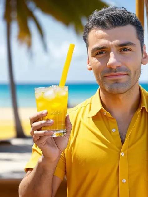 a photo of osisaac smiling, with a colored large elegant yellow shirt, he is holding a cocktail in hand, beach background, realistic skin, 8k UHD, DSLR, soft lighting, high quality, film grain, Fujifilm XT3