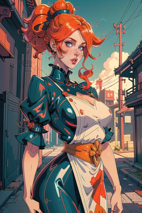(masterpiece, best_quality, ultra-detailed, immaculate:1.3), epic, illustration, welcoming, 1girl, witch, ginger hair, hair bobbles,Pigtail Buns, abstract background, on a radioactive hill in Kyoto, bombshell hair, glowing crimson hair, Gibson Tuck,curly hair, slouching<lyco:EnvyBeautyMix44:1>