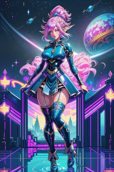 multiple girls, (masterpiece, best_quality, ultra-detailed, immaculate:1.3), epic, illustration, welcoming, 1girl, inventor, elf, ultraviolet hair, hime cut,Space Buns, (full body:1), [:creative costume design:0.2], , outside a  castle, in a  nebula, bombshell hair, pink hair, Braided Updo,spiked hair, eye contact<lyco:EnvyBeautyMix44:1>