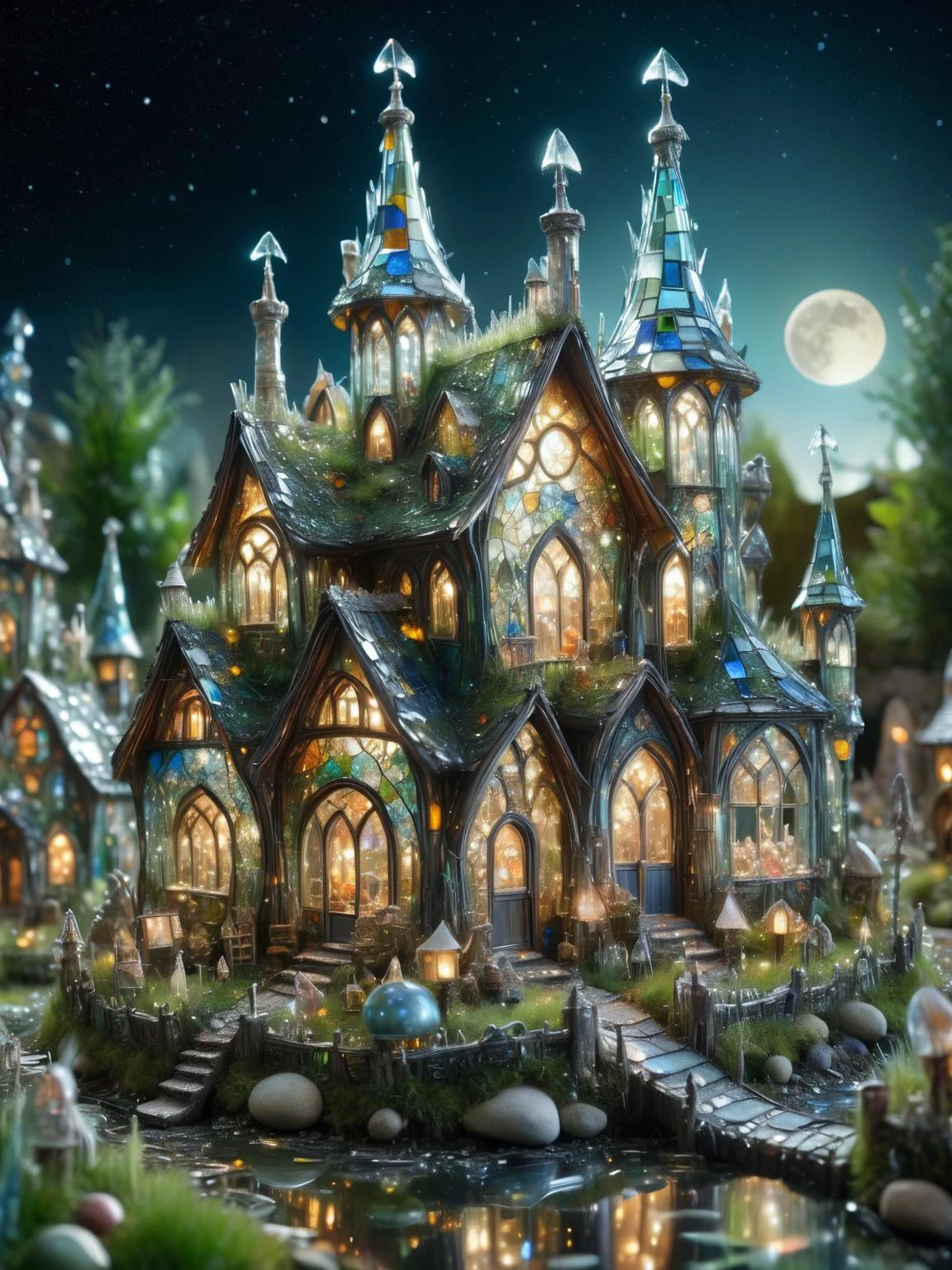 A whimsical miniature ais-bkglass fairy village, with shops, an inn, a church, houses, bridges, and gardens all intricately detailed covered in transparent ais-bkglass, smoke from chimneys, surrounded by grass and foliage, starry night, ethereal light, magical, moonlit, atmospheric, dynamic, cinematic, masterpiece, intricate, hdr. <lora:Broken_Glass_Style_SDXL:1>