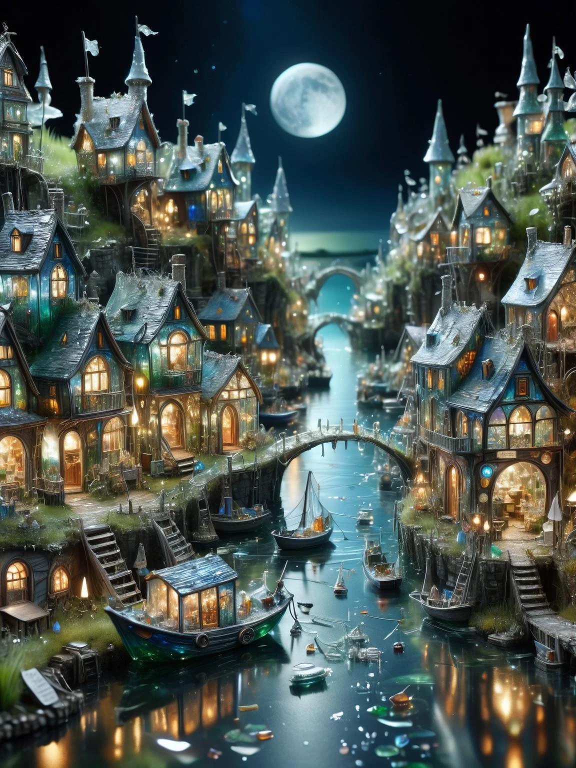 A whimsical miniature ais-bkglass fairy fishing port, with tiny boats, shops, houses, streams, bridges, and gardens all intricately detailed covered in transparent ais-bkglass, smoke from chimneys, surrounded by grass and foliage, starry night, ethereal light, magical, moonlit, atmospheric, dynamic, cinematic, masterpiece, intricate, hdr. <lora:Broken_Glass_Style_SDXL:1>