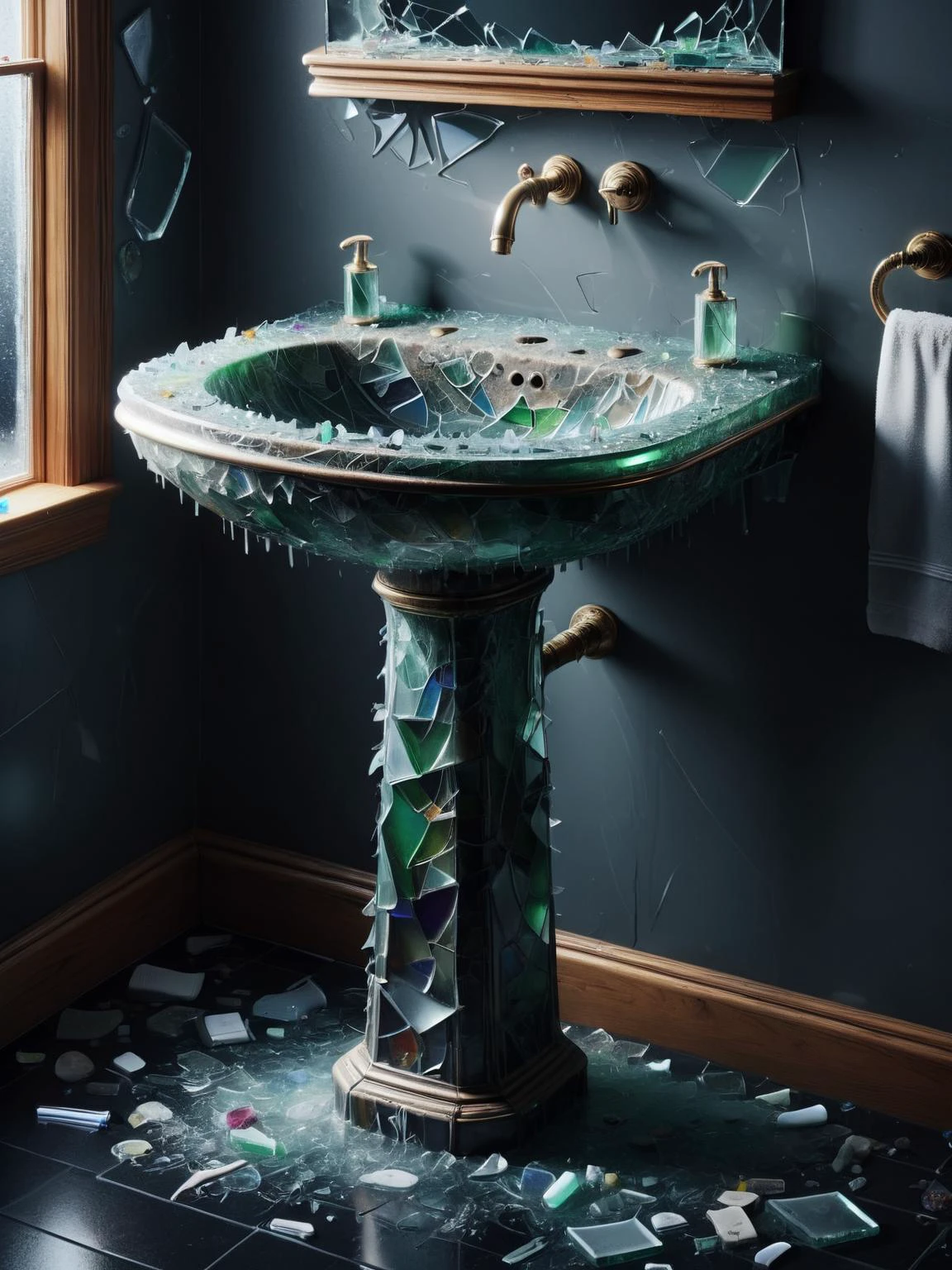 A dirty unclean ais-bkglass bathroom pedestal sink, in a dark and dingy bathroom <lora:Broken_Glass_Style_SDXL:1>