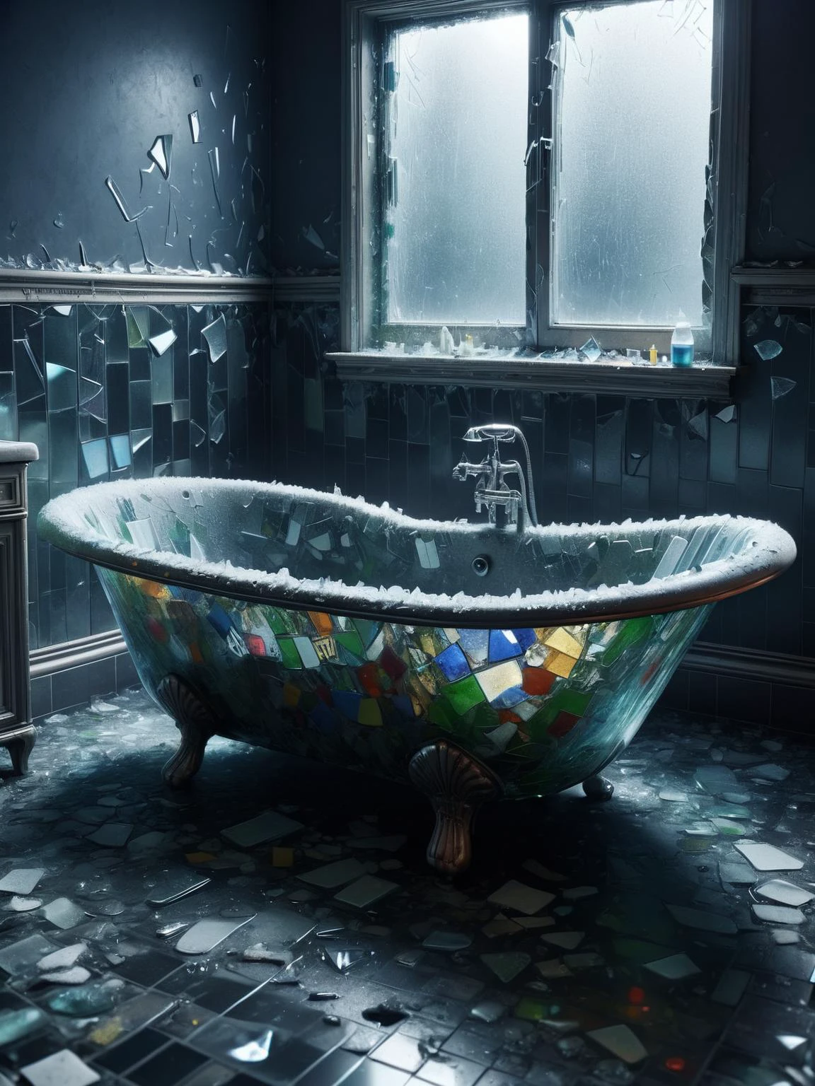 A dirty unclean ais-bkglass bath, in a dark and dingy bathroom <lora:Broken_Glass_Style_SDXL:1>