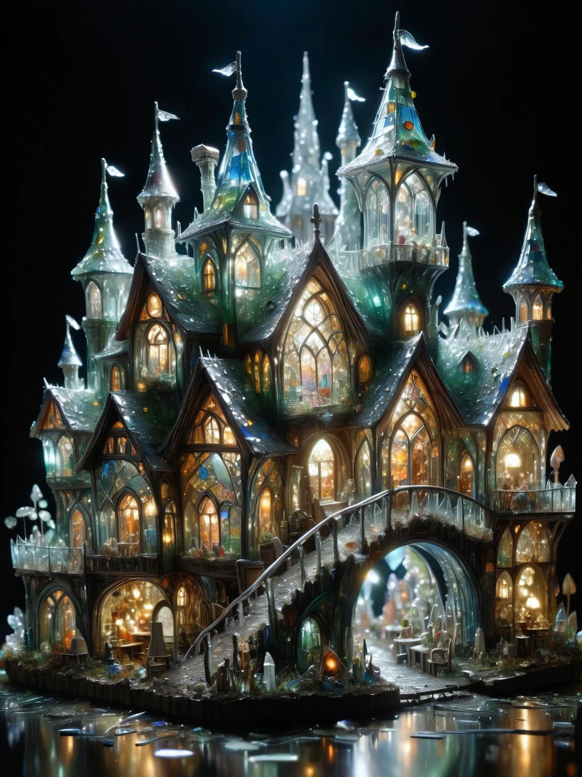 A whimsical miniature ais-bkglass fairy village, with shops, an inn, a church, houses, bridges, and gardens all intricately detailed covered in transparent ais-bkglass, smoke from chimneys, ethereal light, magical, moonlit, atmospheric, dynamic, cinematic, masterpiece, intricate, hdr. <lora:Broken_Glass_Style_SDXL:1>