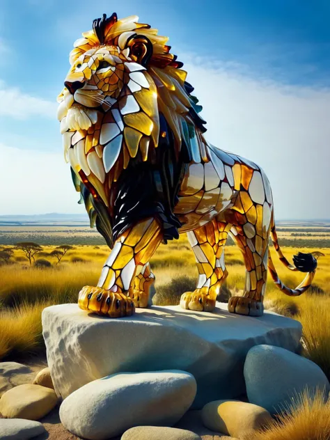 An ais-bkglass lion stood on a rock watching over the savannah <lora:Broken_Glass_Style_SDXL:1>