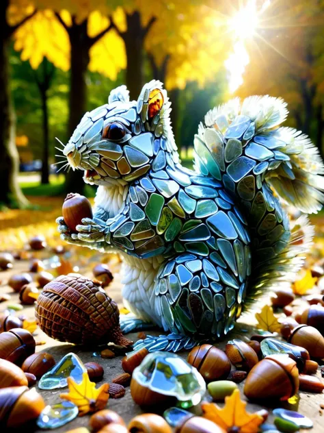 A comedic moment as a ais-bkglass squirrel attempts to hoard acorns, which also made from delicate ais-bkglass <lora:Broken_Glass_Style_SDXL:1>