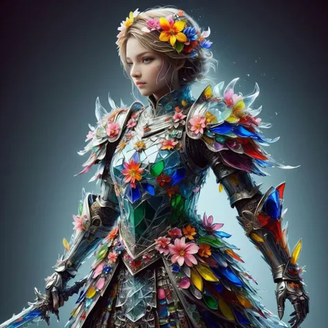 <lora:Broken_Glass_Style_SDXL>,ais-bkglass colorful flower knight,1girl,, (masterpiece, best quality, high quality, highres, ultra-detailed),