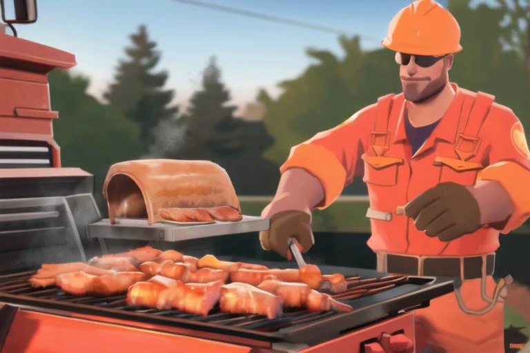 tf2mercs, (tf2engineer), masterpiece, red, solo, grilling, garden, BBQ, beer, <lyco:TF2MercsLoHa:0.9>