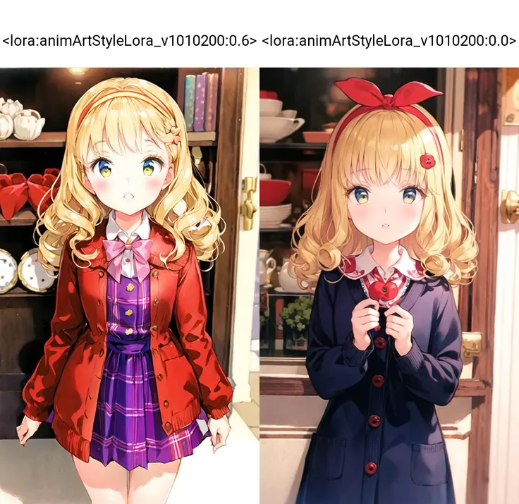 Poppy has curly blonde hair and bright hazel eyes. She has a cute button nose and plump lips. She has a petite figure and often wears colorful vintage-style dresses with matching cardigans and headbands.
<lora:animArtStyleLora_v1010200:0.6>