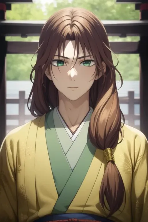 masterpiece, best quality, high quality, 1boy, solo, male focus, looking at viewer, upper body, <lora:su-won:0.82>, su-won, green_eyes, long hair, brown hair, bangs, japanese clothes, <lora:animemix_v3_offset:0.95>