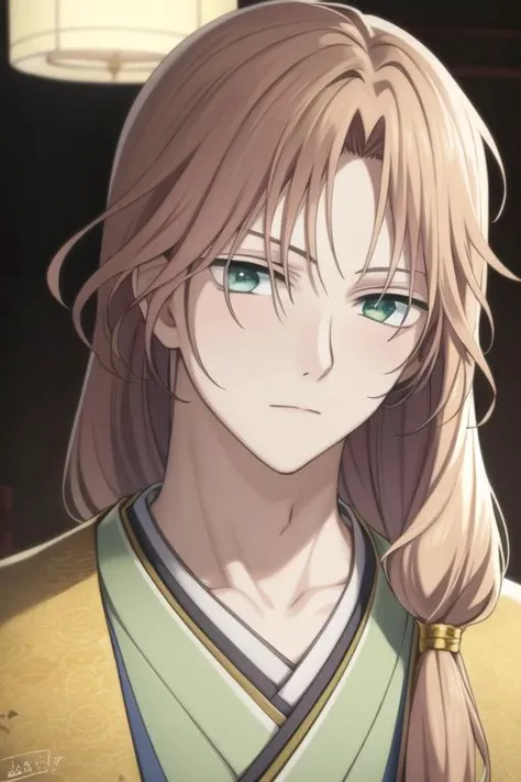 masterpiece, best quality, high quality, 1boy, solo, male focus, looking at viewer, upper body, <lora:su-won:0.82>, su-won, green_eyes, long hair, brown hair, bangs, japanese clothes,