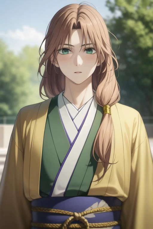 masterpiece, best quality, high quality, 1boy, solo, male focus, looking at viewer, upper body, <lora:su-won:0.80>, su-won, green_eyes, long hair, brown hair, bangs, japanese clothes, <lora:Realism-10:0.20>, Realism