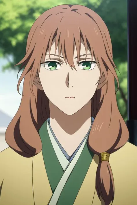 masterpiece, best quality, high quality, 1boy, solo, male focus, looking at viewer, upper body, <lora:su-won:0.72>, su-won, green_eyes, long hair, brown hair, bangs, japanese clothes, <lora:animemix_v3_offset:0.90>