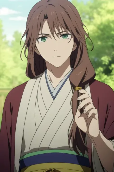 masterpiece, best quality, high quality, 1boy, solo, male focus, looking at viewer, upper body, <lora:su-won:0.70>, su-won, green_eyes, long hair, brown hair, bangs, japanese clothes, <lora:animemix_v3_offset:0.65>