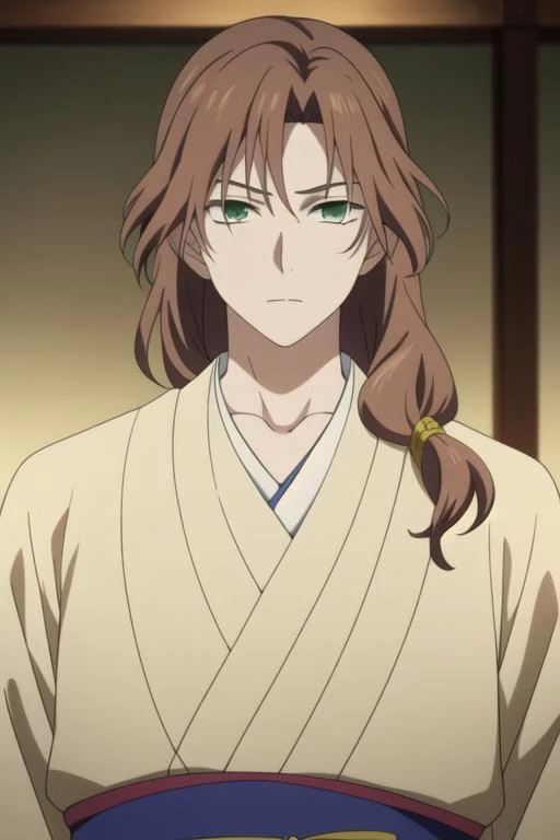masterpiece, best quality, high quality, 1boy, solo, male focus, looking at viewer, upper body, <lora:su-won:0.84>, su-won, green_eyes, long hair, brown hair, bangs, japanese clothes,