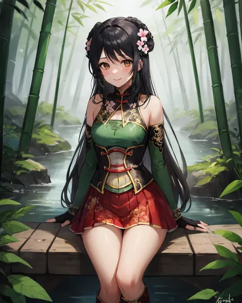 best quality, (masterpiece:1.2), illustration, absurdres,
(1girl, solo), (beautiful detailed girl),
<lora:GuanYinping-08:0.7>, Guan Yinping, black hair, brown eyes, hair ornament, hair flower, small breasts,
green top, bare shoulders, black collar, black corset, red skirt, fingerless gloves, green boots,
in bamboo forest, chinese architecture, stream,
looking at viewer, confident, smile,