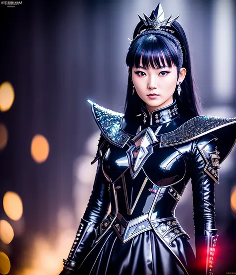 RAW photo, hyper real photo of sumetal japanese woman with a ponytail and crown on her head  in black dress with iridescent reflections sequined outfit that glimmers in the light, futuristic gothic style, black lether and steel studs, space galaxy in background, metal rock music concert, heavy metal style, pixiv contest winner, precisionism, official art, high resolution, uhd image, best quality masterpiece, photorealistic, detailed, 8k, HDR, shallow depth of field, broad light, high contrast, dark background with ancient temple, old stone statues of fox god, backlighting, bloom, light sparkles, chromatic aberration, sharp focus, RAW color photo, film still, Film-like, bokeh, 3d, cinematic lighting, 8k resolution, Nikon 85mm, Award Winning, Glamour Photograph, extremely detailed, high quality, film grain  <lora:SuMetal:1>