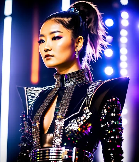RAW photo, hyper real photo of sumetal japanese woman with a ponytail and crown on her head in black dress with iridescent reflections sequined outfit that glimmers in the light, futuristic gothic style, black lether and steel studs, space galaxy in background, metal rock music concert, heavy metal style, pixiv contest winner, precisionism, official art, high resolution, uhd image, best quality masterpiece, photorealistic, detailed, 8k, HDR, shallow depth of field, broad light, high contrast, dark background with ancient temple, old stone statues of fox god, backlighting, bloom, light sparkles, chromatic aberration, sharp focus, RAW color photo, film still, Film-like, bokeh, 3d, cinematic lighting, 8k resolution, Nikon 85mm, Award Winning, Glamour Photograph, extremely detailed, high quality, film grain <lora:SuMetal:1>
