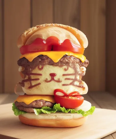 best quality, ultra detailed, an extremely delicate and beautiful, realistic,4k,depth,
hamburger,breads material,
 <lora:omuart_V1.1:1>omurice,ketchup line art 1girl and cat and