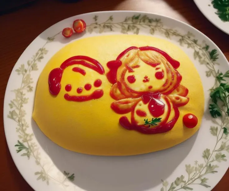best quality, ultra detailed,illustration, an extremely delicate and beautiful,4k,depth,
Omelette,looks delicious,beautiful girl,
upper body,human,red ketchup line art 1girl chibi,wavy hair,
<lora:omuart_V1.1:1>omurice,plate,parsley, tomato,