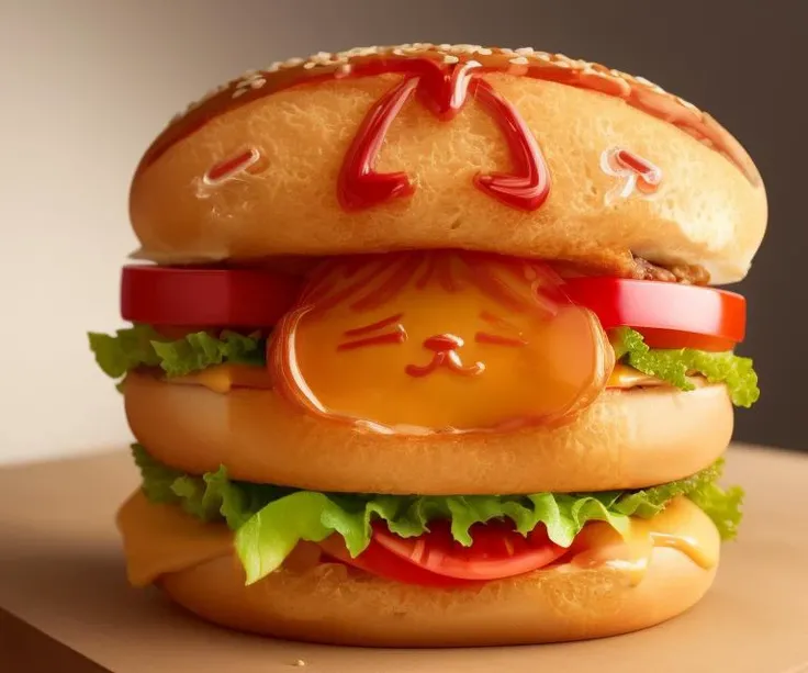 best quality, ultra detailed, an extremely delicate and beautiful, realistic,4k,depth,
mcdonald's,hamburger,breads double stack,cheese, tomato,lettuce
<lora:omuart_V1.1:1>omurice,ketchup line art 1girl and cat and